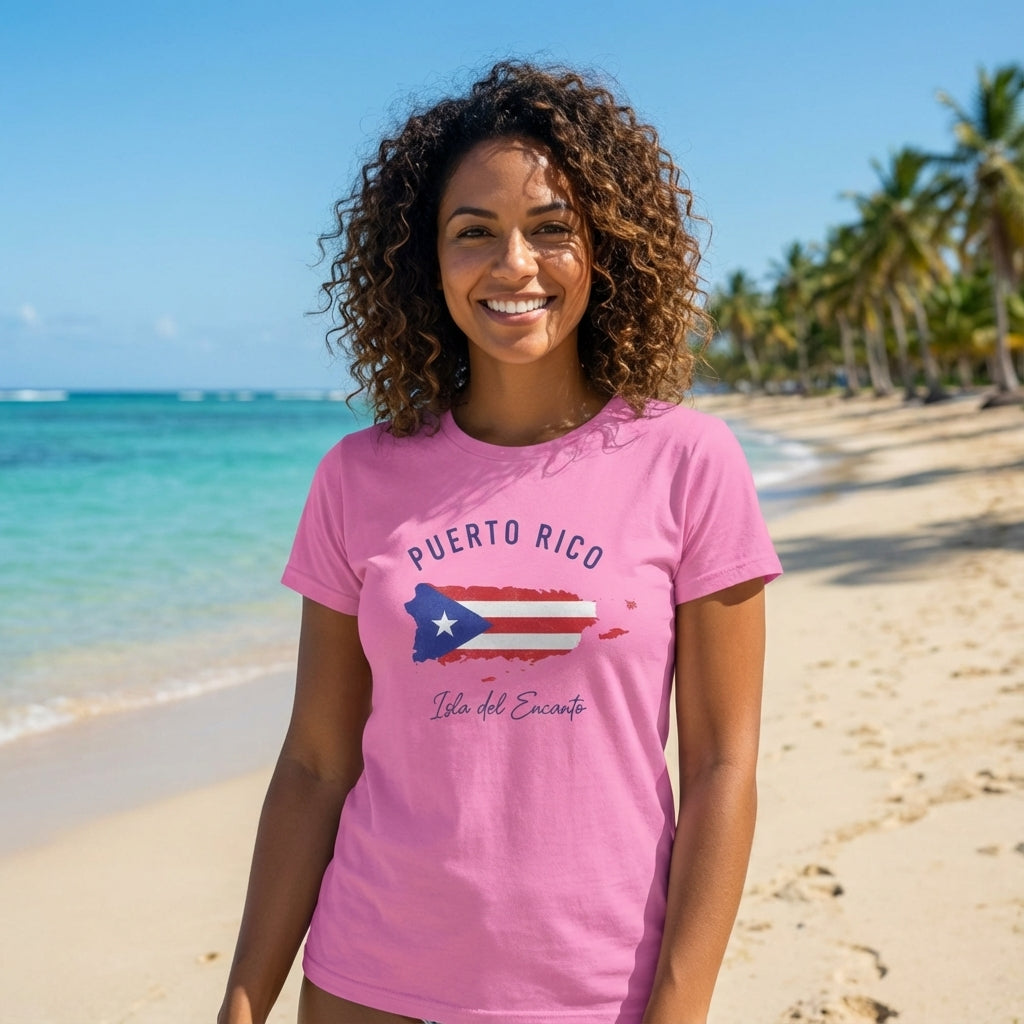 Woman wearing a pink 'Puerto Rico' t-shirt on a beach