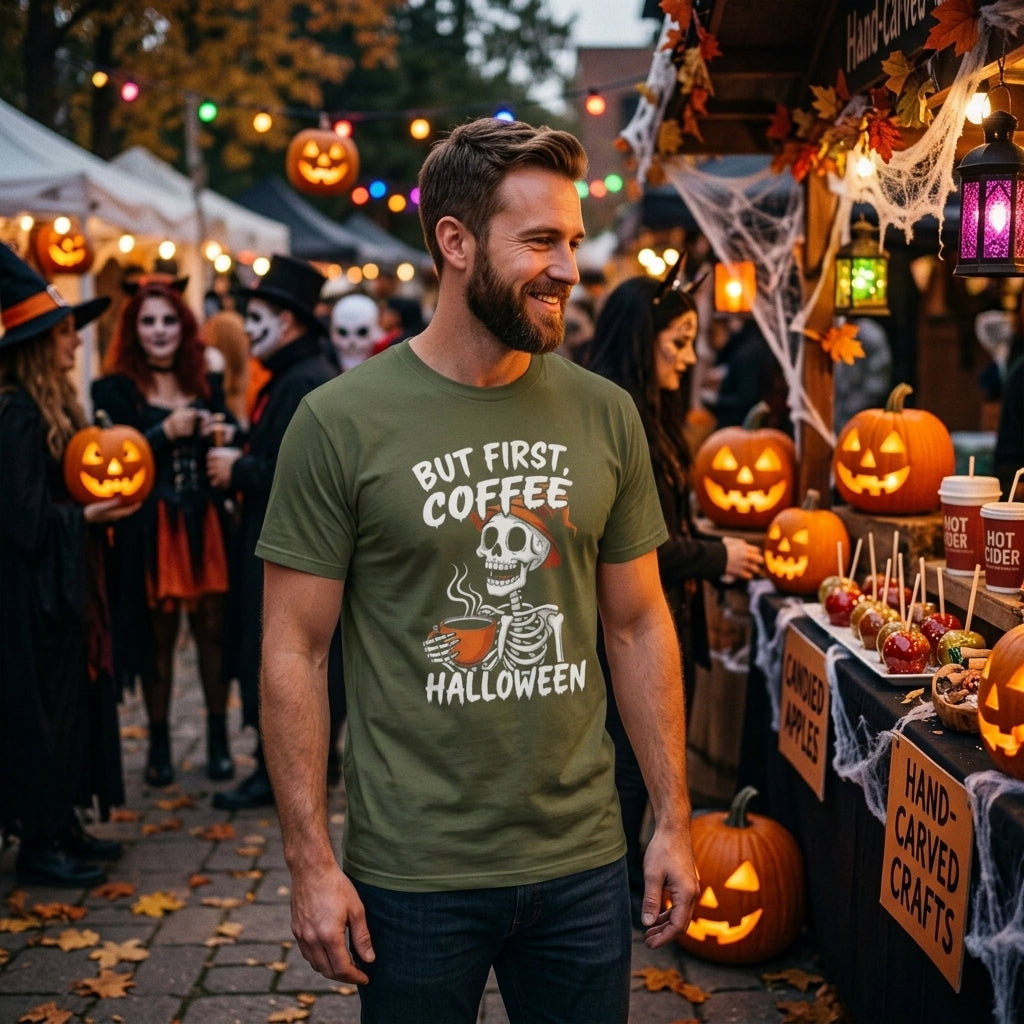 A man wearing an olive green graphic t-shirt stands at a Halloween market stall. The shirt features a white skeleton graphic holding a coffee cup with the text 'BUT FIRST, COFFEE HALLOWEEN'.