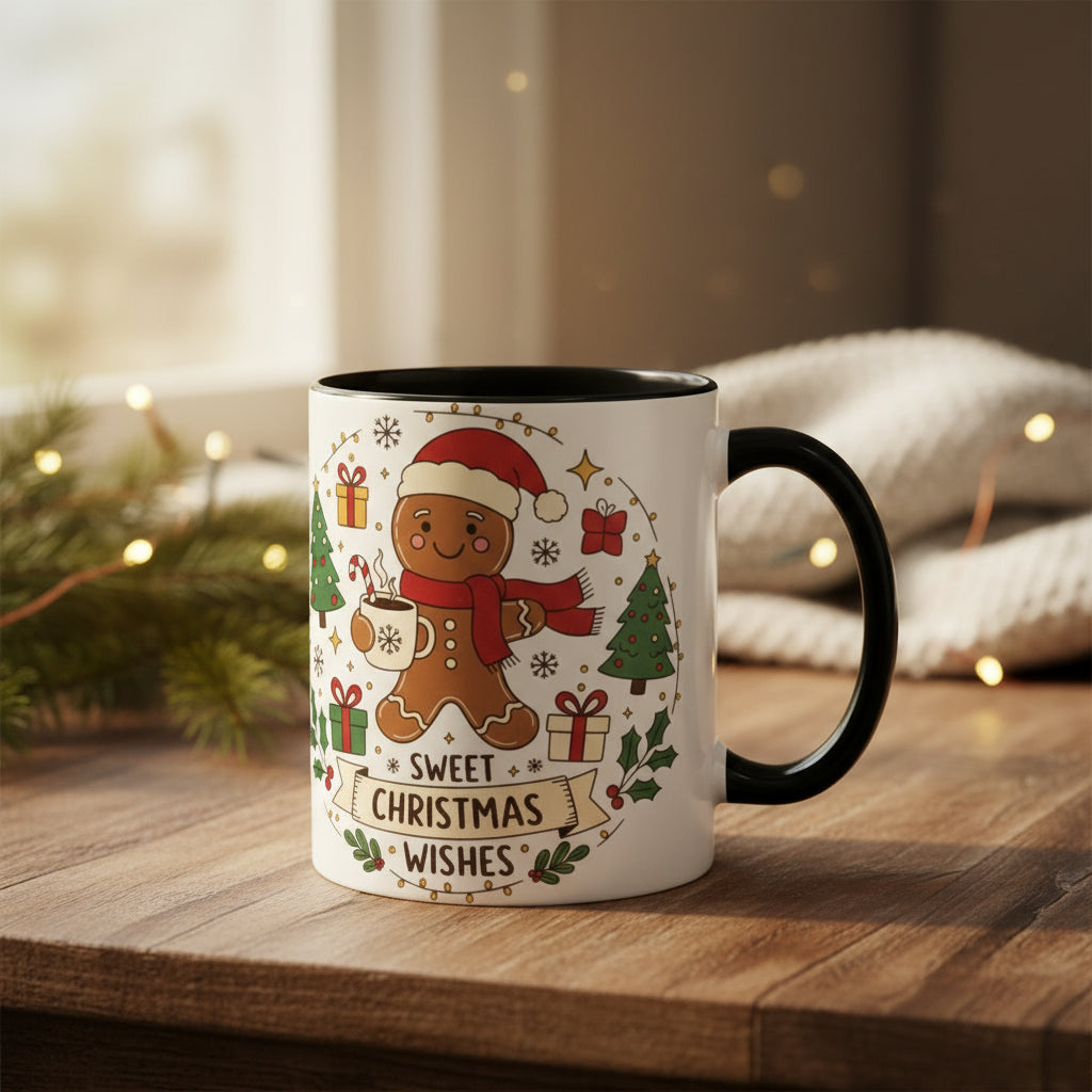 Christmas Gingerbread Mug - Festive Holiday Coffee Cup with Santa Hat Design