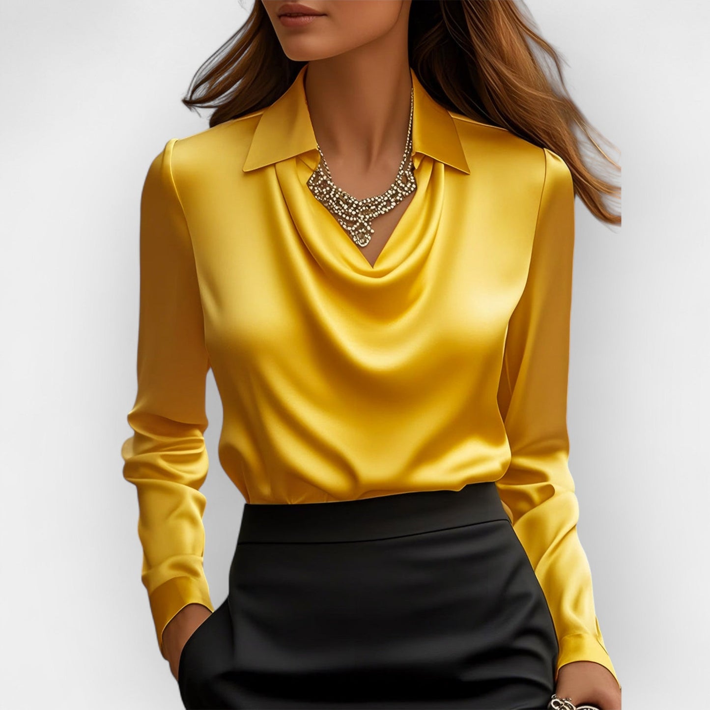 Women's Satin Blouse - Elegant Swing Collar Draped Long Sleeve Office Top