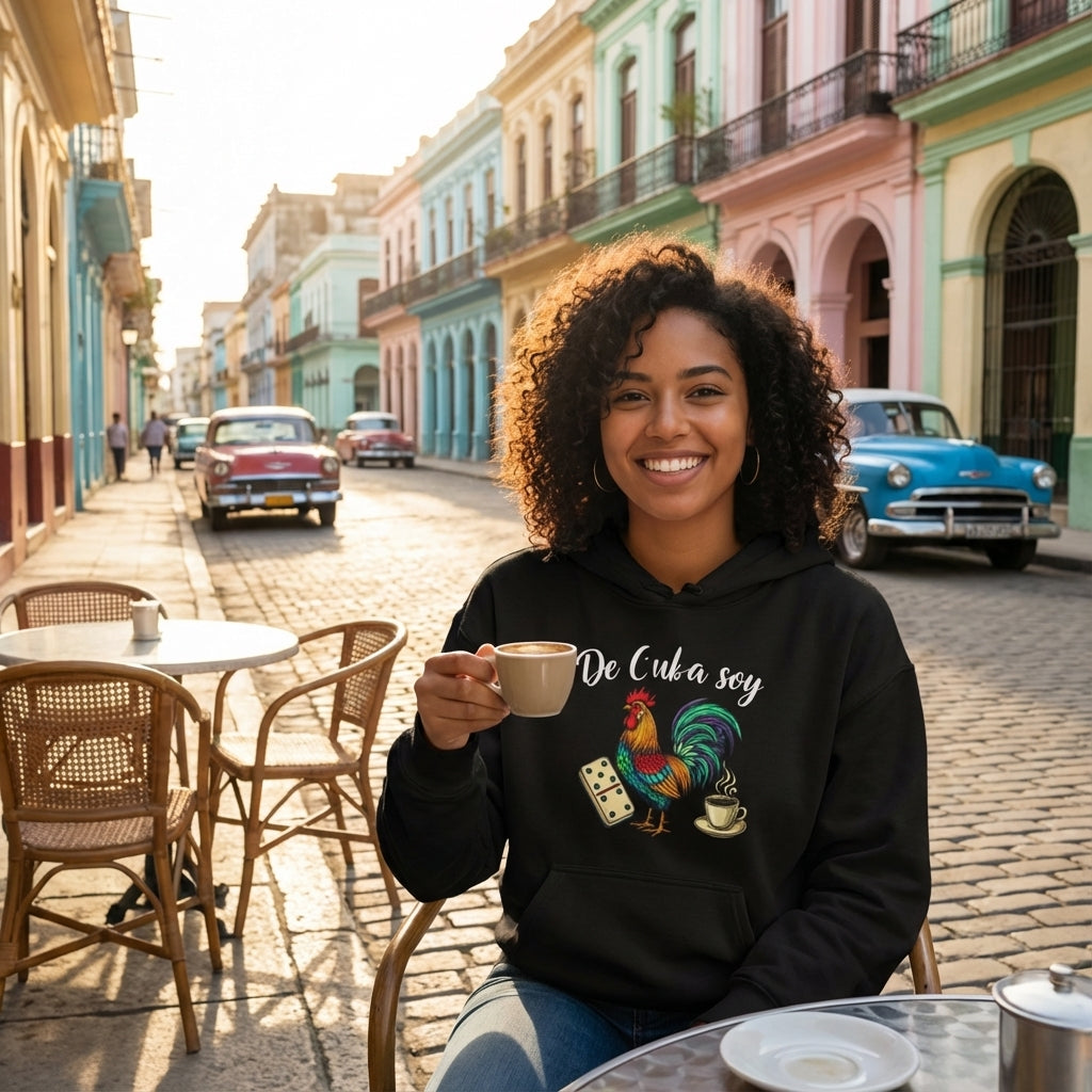 Woman in a black hoodie with a rooster design sitting at an outdoor cafe in a colorful street.