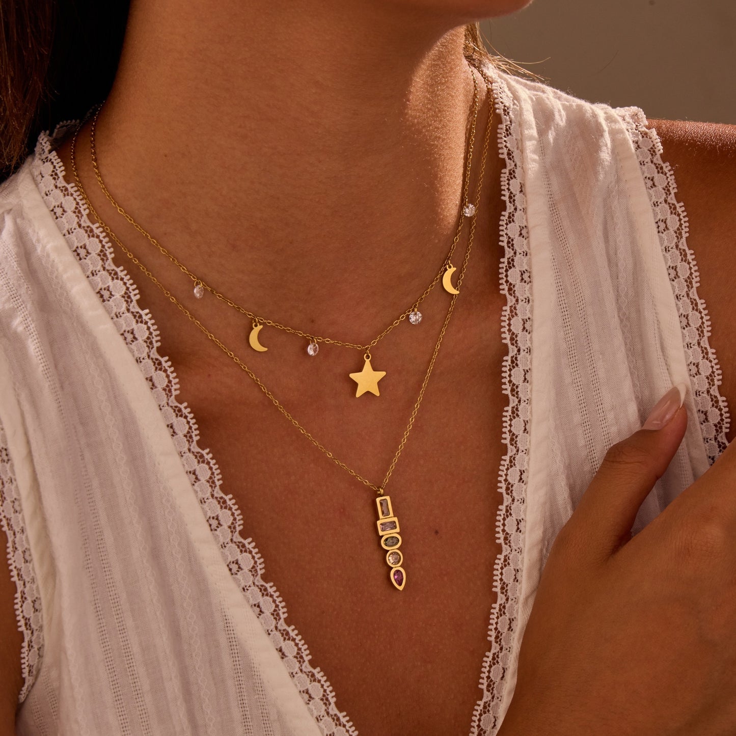 Colorful Zircon Star Pendant Necklace - Stainless Steel Fashion Jewelry