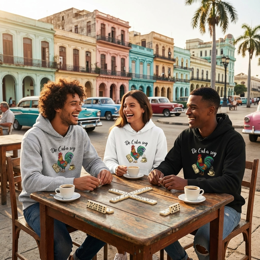 Three friends sitting at a table in a colorful street, enjoying coffee and playing dominoes.