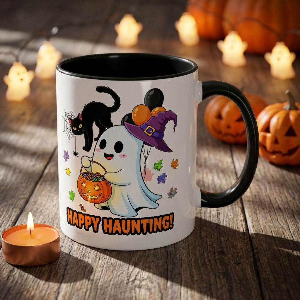 Happy Haunting! Halloween Ghost Coffee Mug | Ghost, Black Cat & Pumpkin Design | 11oz & 15oz