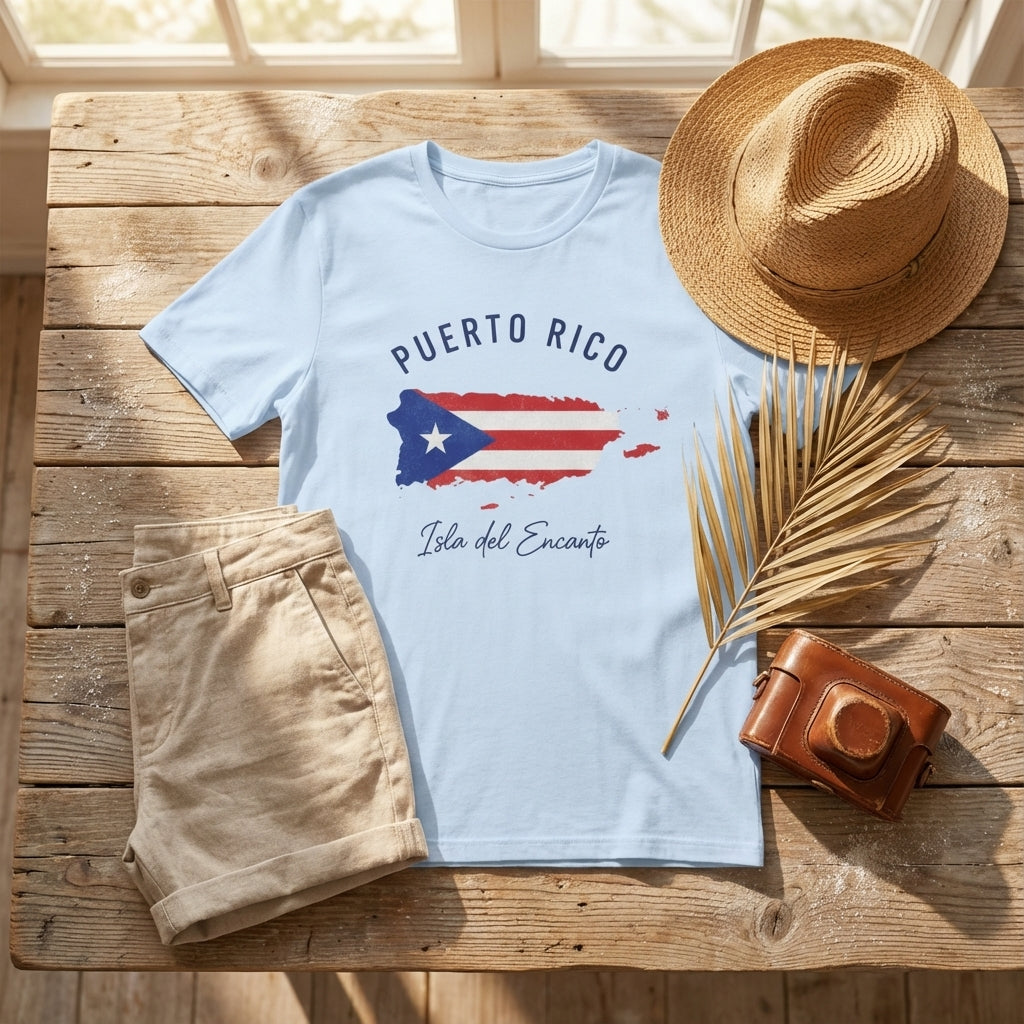 Light blue t-shirt with Puerto Rico design, shorts, hat, and camera on a wooden surface.