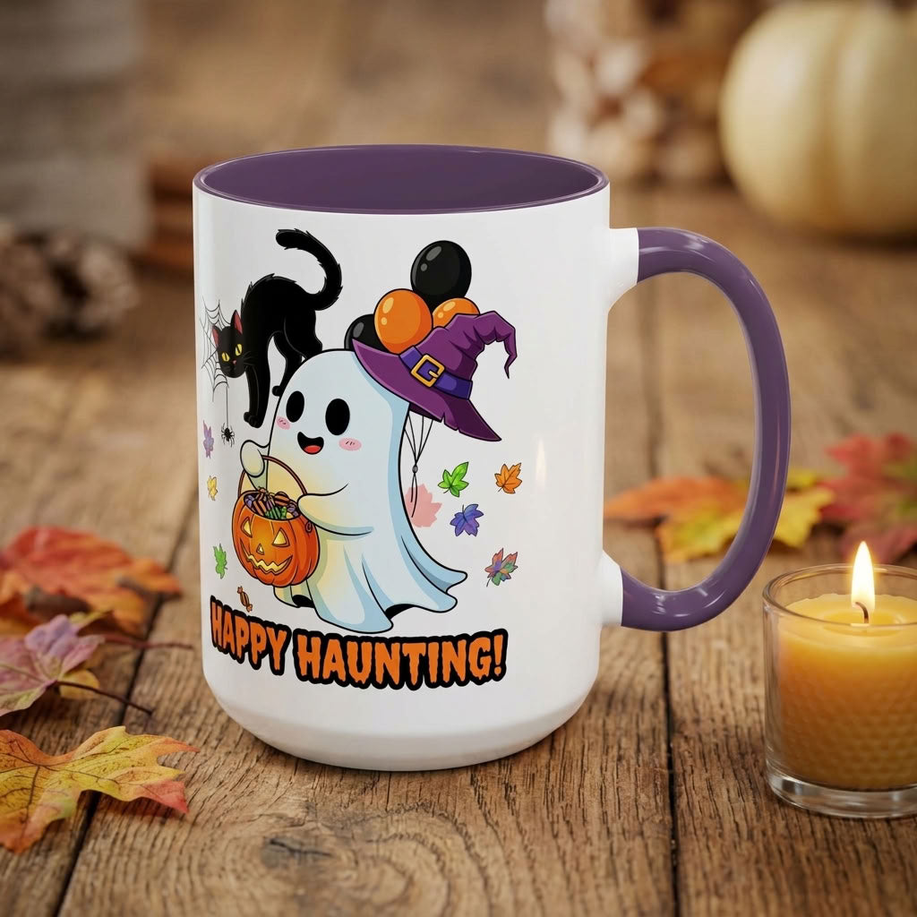 Happy Haunting! Halloween Ghost Coffee Mug | Ghost, Black Cat & Pumpkin Design | 11oz & 15oz