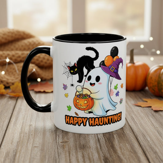Happy Haunting! Halloween Ghost Coffee Mug | Ghost, Black Cat & Pumpkin Design | 11oz & 15oz