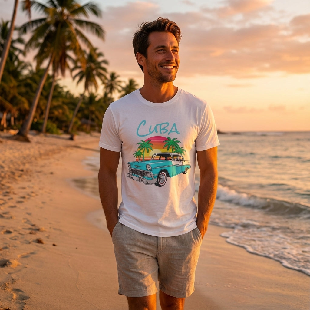 Man standing on a beach at sunset wearing a t-shirt with a car and palm tree design.