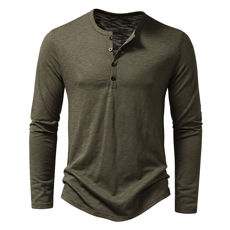 Men's Long Sleeve T-Shirt - Casual Solid Color Pullover with Button Detail