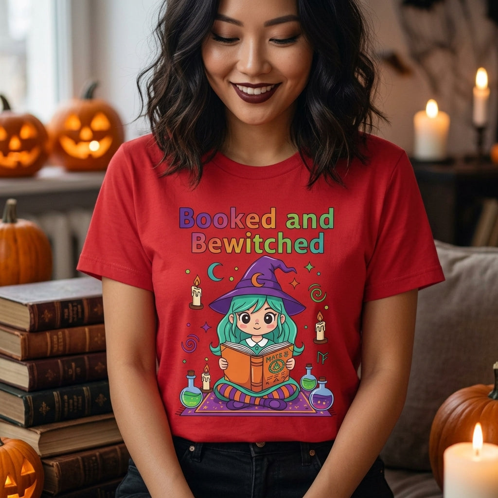 Booked and Bewitched T-Shirt | Witch Book Lover Halloween Graphic Tee