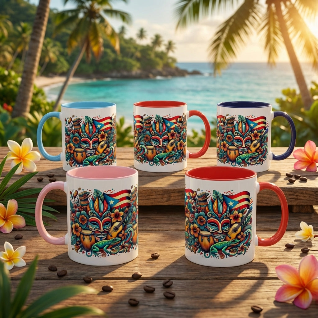 Colorful mugs with tropical designs on a wooden surface with a beach background