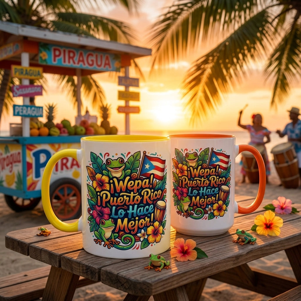 Wepa! Puerto Rico Lo Hace Mejor Accent Coffee Mug | Puerto Rican Flag, Coquí, Floral Design