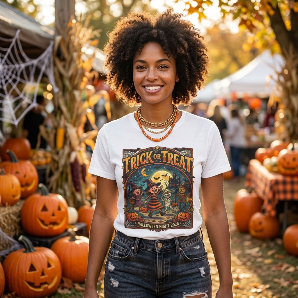 Trick or Treat Halloween T-Shirt, Vintage Moonlit Pumpkin Design