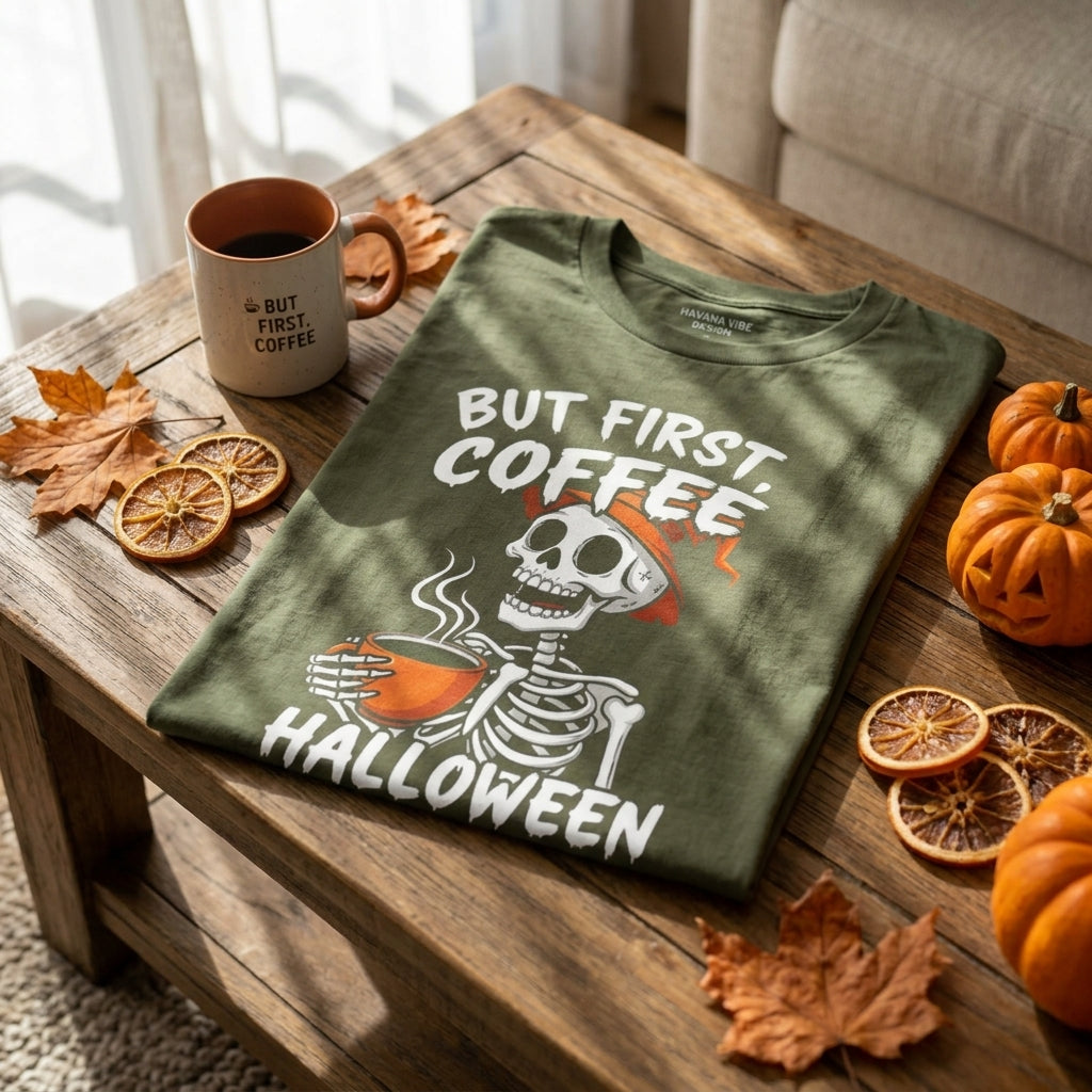 An olive green graphic t-shirt featuring a skeleton holding an orange coffee mug with the text 'BUT FIRST, COFFEE HALLOWEEN' in white. The shirt is styled on a rustic wooden table surrounded by dried orange slices, small pumpkins, autumn leaves, and a coffee mug.