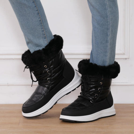 Women's Fur Collar Snow Boots - High-Top Lace-Up Waterproof Winter Boots