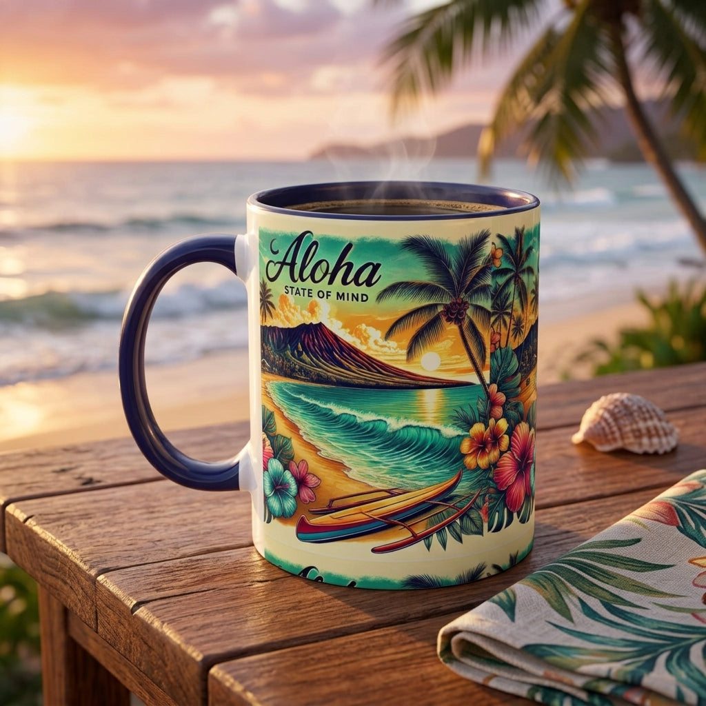 A ceramic mug with a colorful tropical Hawaii graphic and the text 'Aloha STATE OF MIND' sits on a wooden table outdoors at sunset, with ocean waves, palm trees, and a seashell in the background.