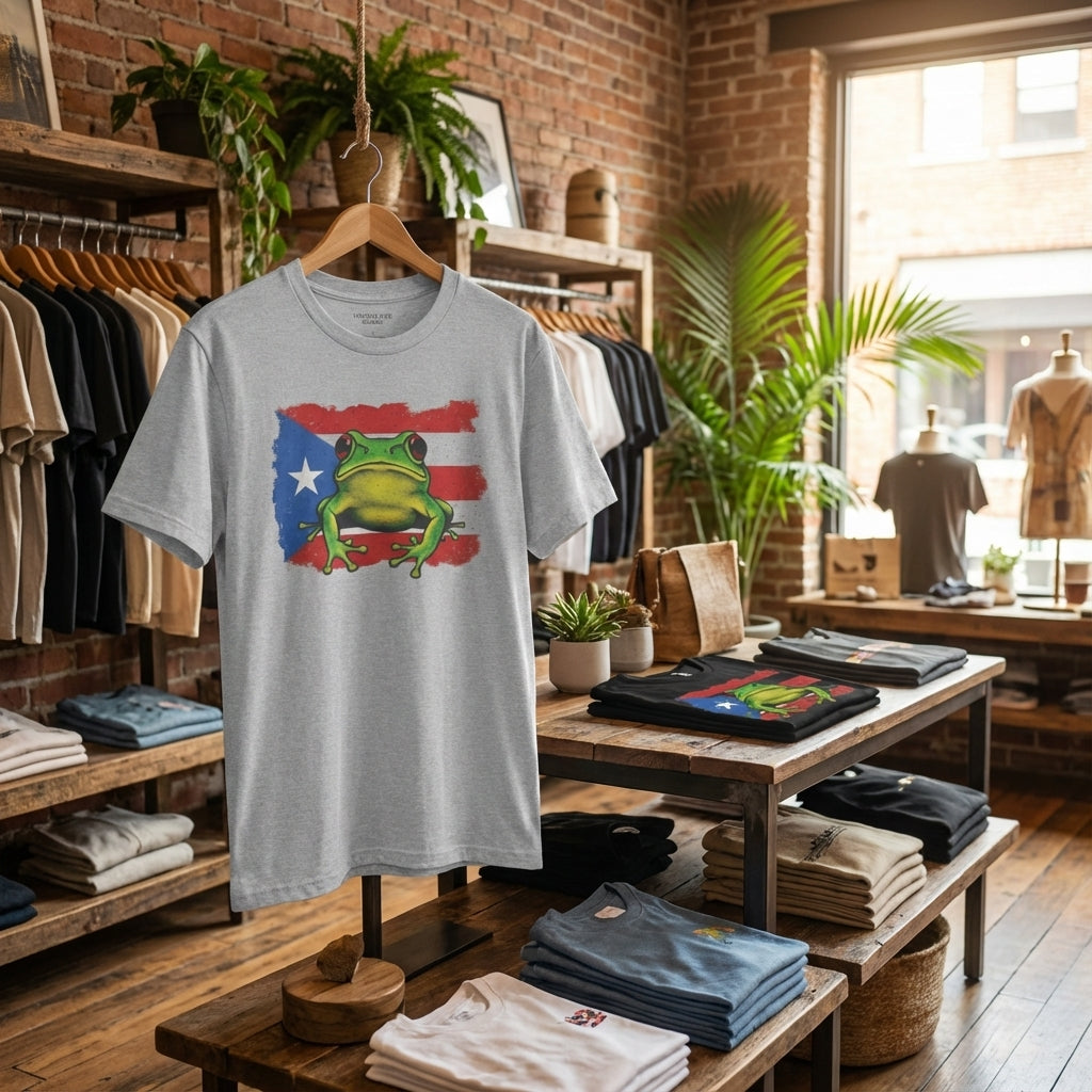 Gray t-shirt with a colorful frog graphic on a wooden rack in a store setting.