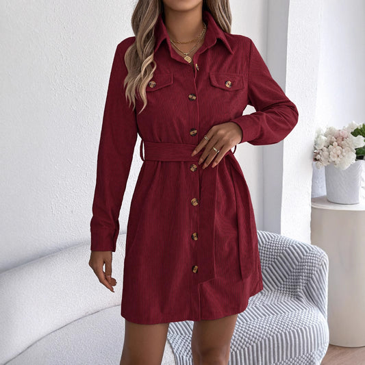 Corduroy Shirt Dress for Women - Long Sleeve Button-Up Midi Dress with Belt