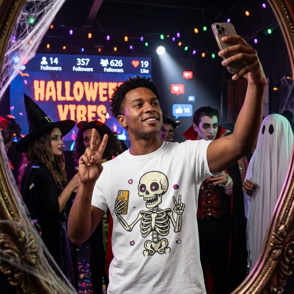 Skeleton Selfie T-Shirt | Funny Spooky Skull Halloween Graphic Tee
