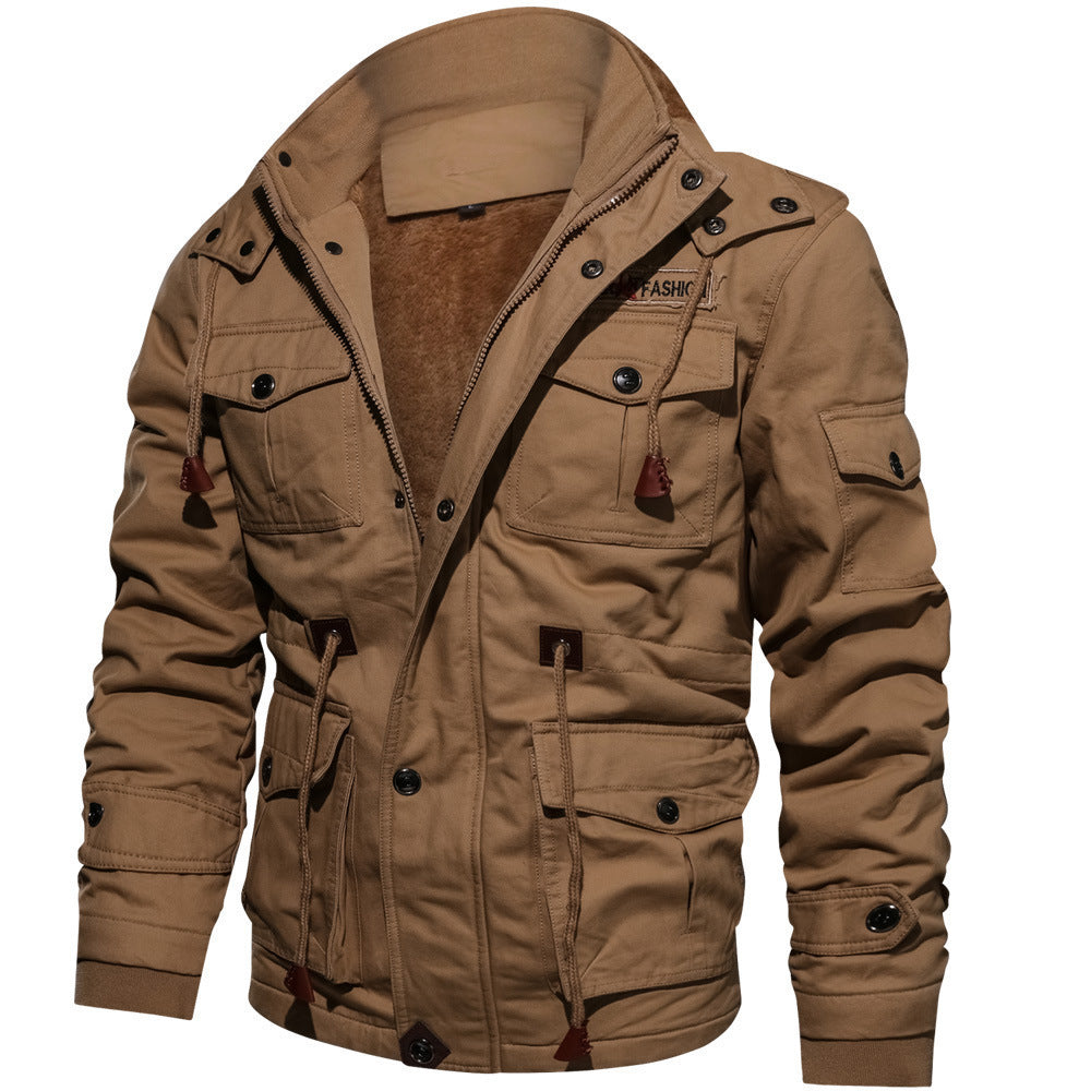 Men's Cargo Winter Jacket - Detachable Hood Multi-Pocket Zip-Up Coat