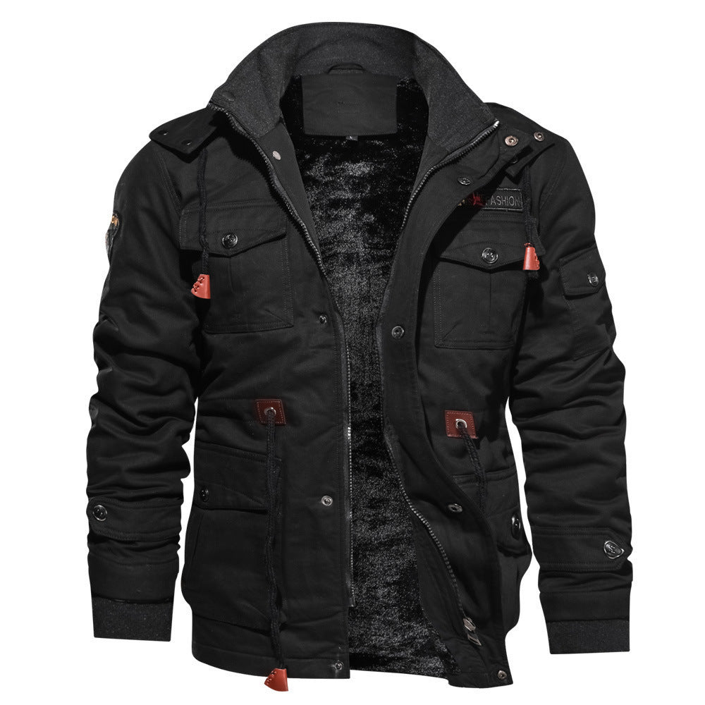 Men's Cargo Winter Jacket - Detachable Hood Multi-Pocket Zip-Up Coat