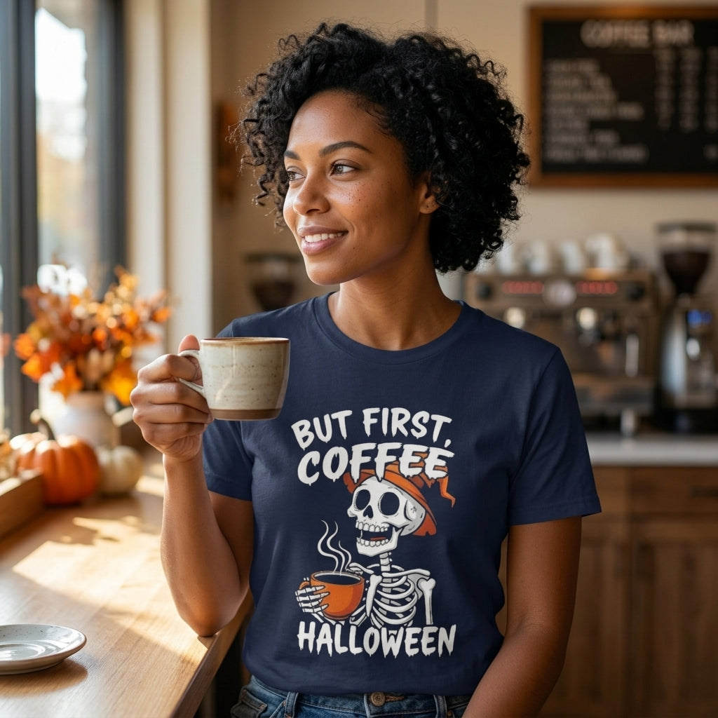 A woman in a coffee shop wearing a navy blue graphic t-shirt that reads 'BUT FIRST, COFFEE HALLOWEEN' with a cartoon skeleton holding an orange coffee cup. She is holding a ceramic mug.