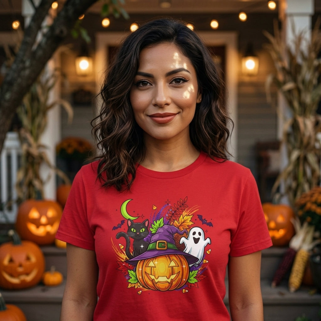 Halloween Graphic T-Shirt | Witch Hat Pumpkin Black Cat Ghost Spooky Tee