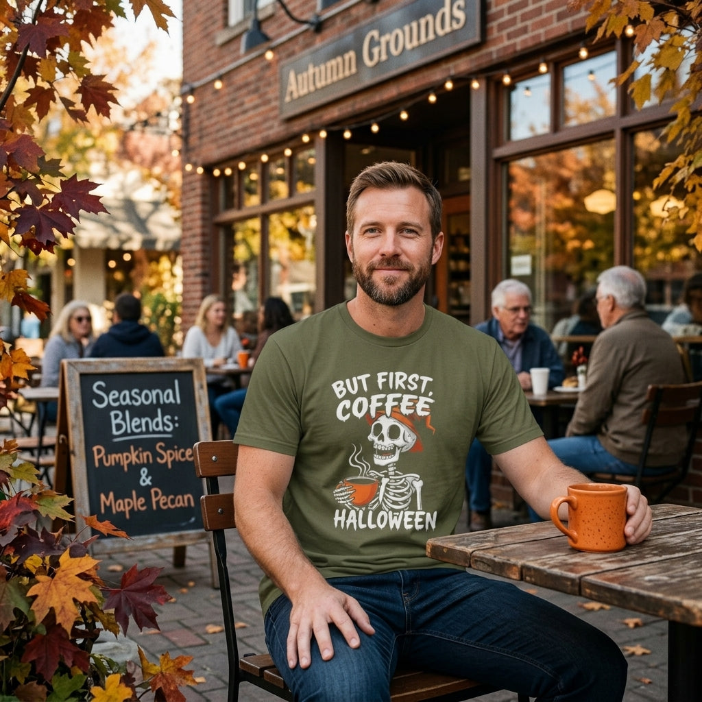 A man sitting at an outdoor cafe table wearing an olive green graphic t-shirt that reads 'BUT FIRST COFFEE HALLOWEEN' with a skeleton holding an orange mug. The background shows a brick storefront with autumn foliage.