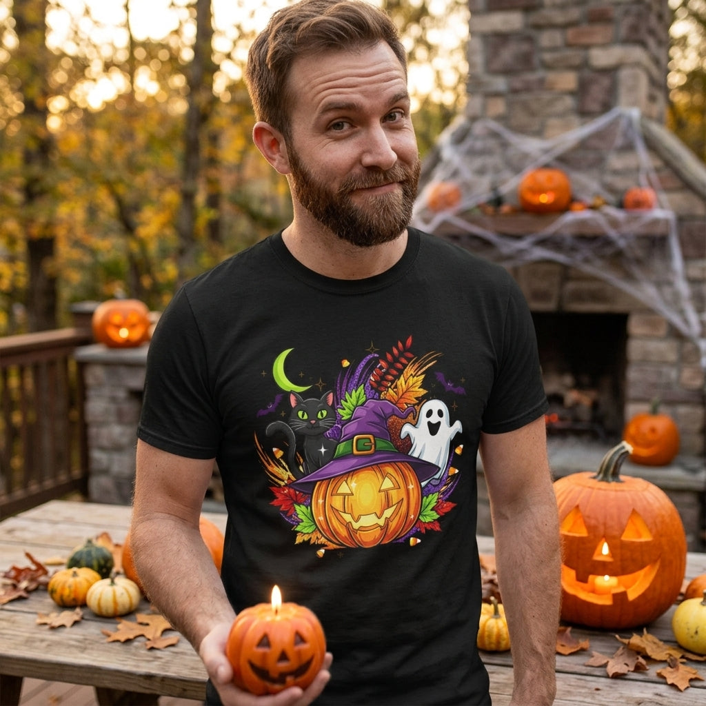 Halloween Graphic T-Shirt | Witch Hat Pumpkin Black Cat Ghost Spooky Tee