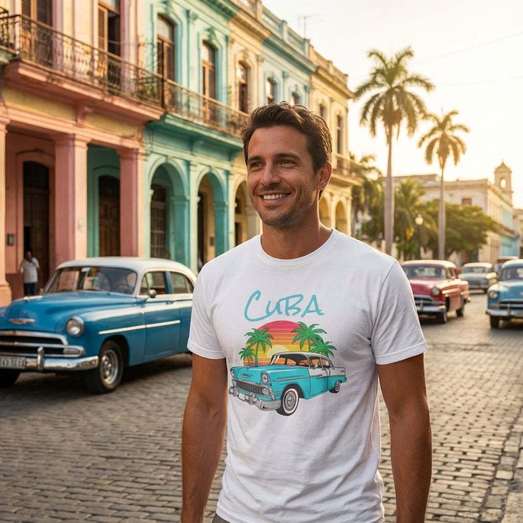Man wearing a 'Cuba' t-shirt with a vintage car design on a street in Cuba.