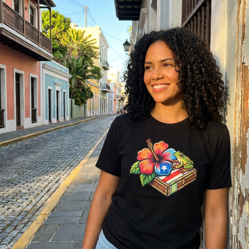 Woman wearing a black t-shirt with a colorful graphic design on a street in a tropical location.