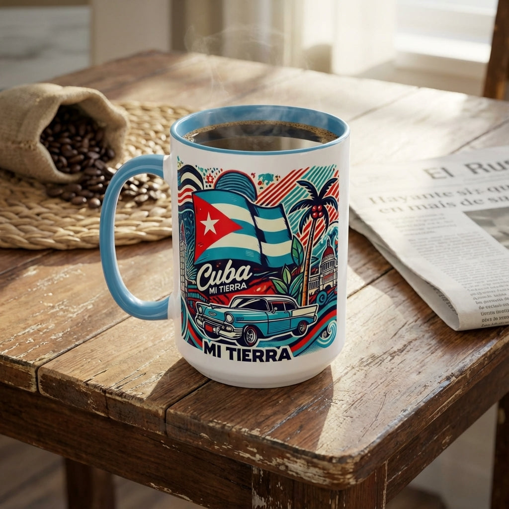 Mug with Cuban design on a wooden table with coffee and newspaper
