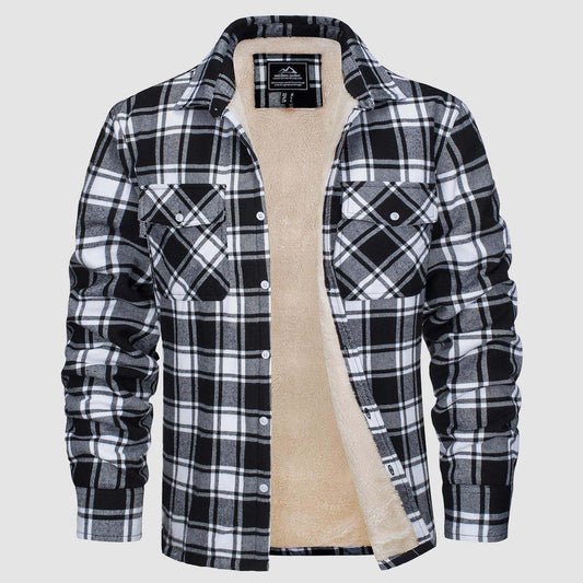 Men's Fleece-Lined Plaid Jacket - Long Sleeve Lapel Collar Winter Coat