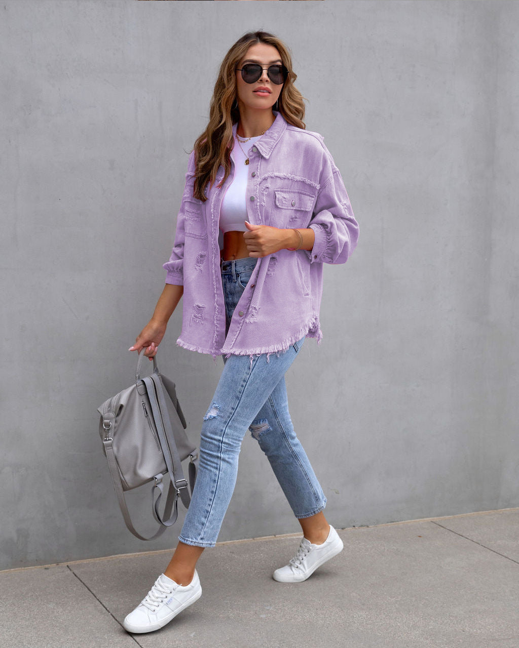 Women's Ripped Denim Shirt Jacket - Casual Loose Fit Long Sleeve Coat