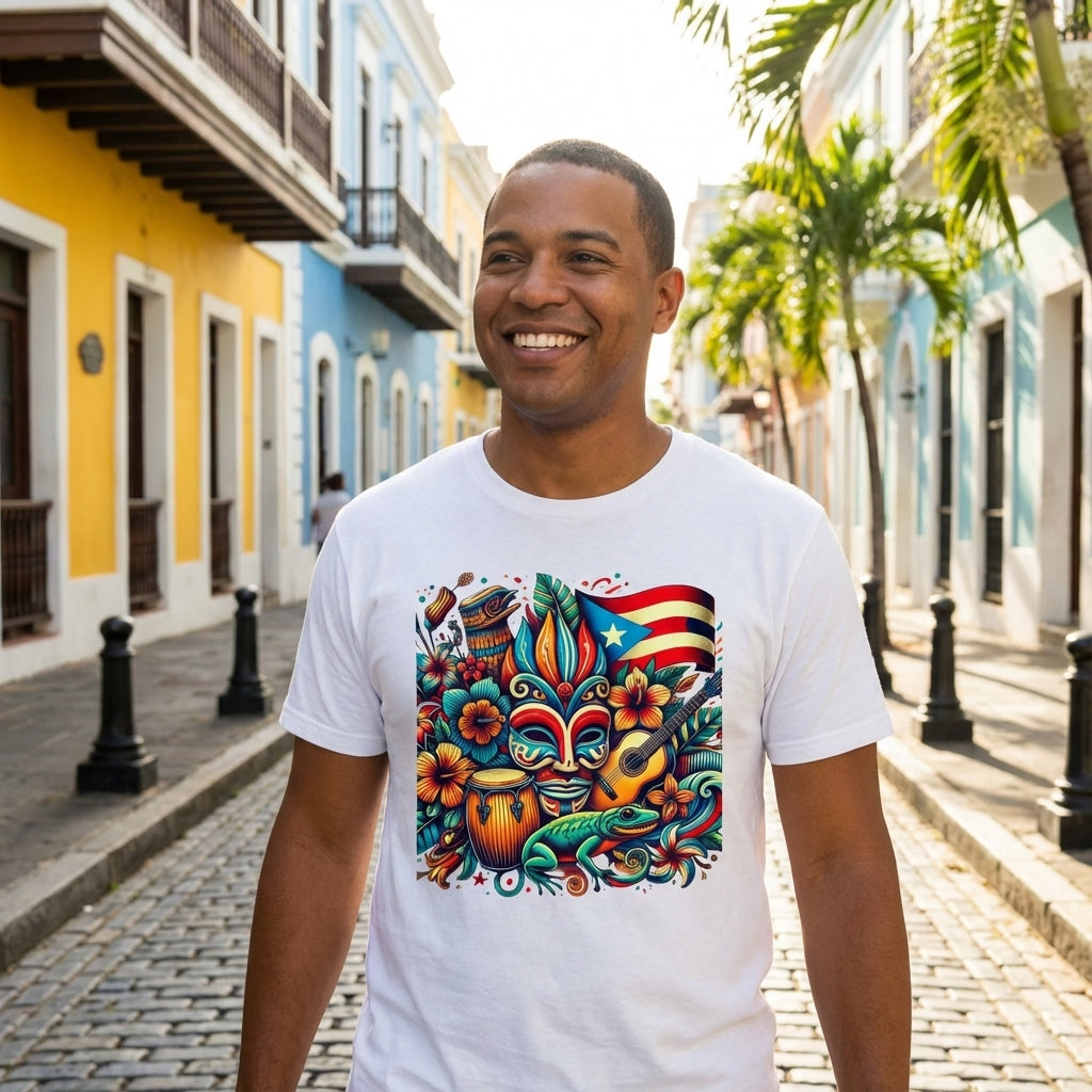 Man wearing a white t-shirt with colorful designs in a street setting