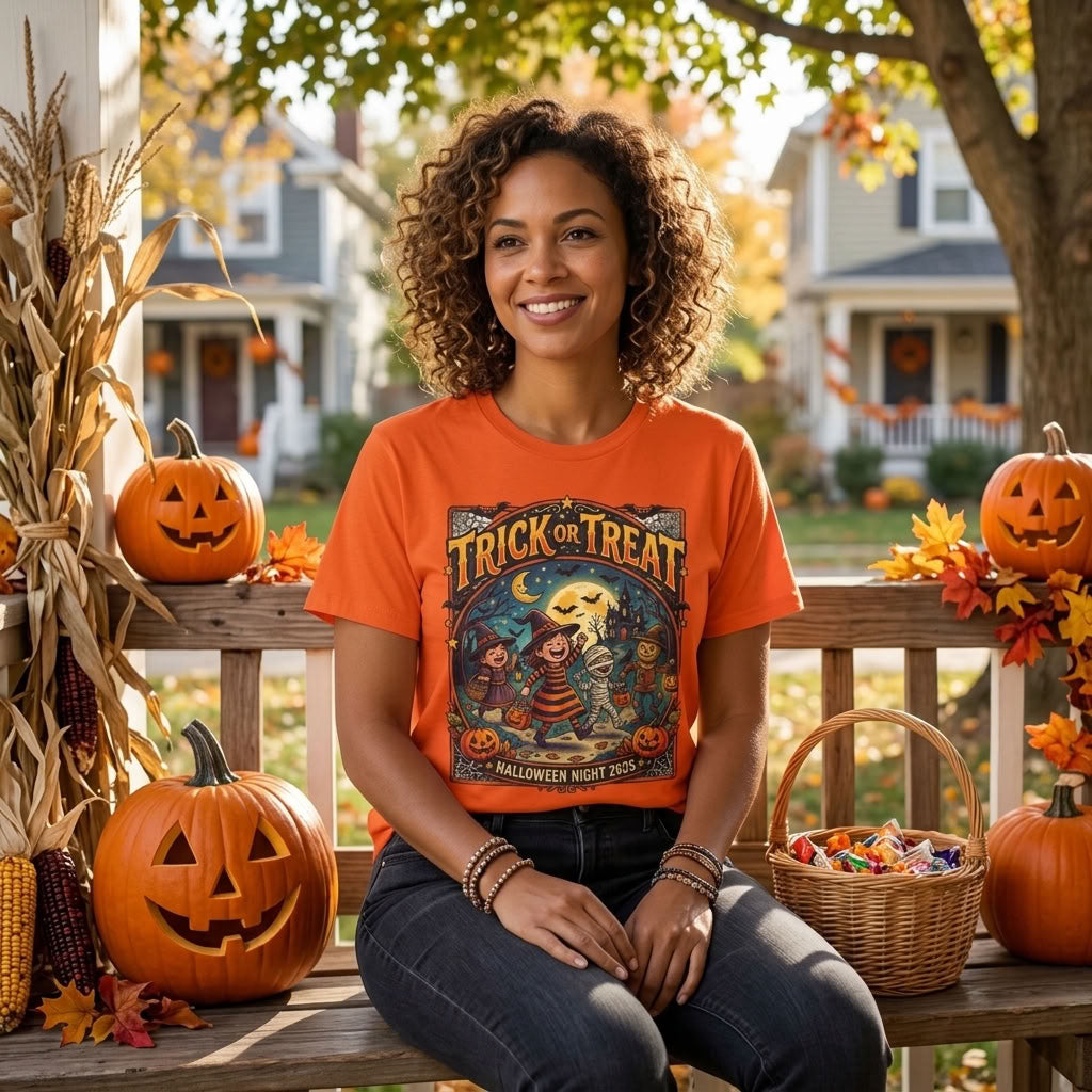 Trick or Treat Halloween T-Shirt, Vintage Moonlit Pumpkin Design