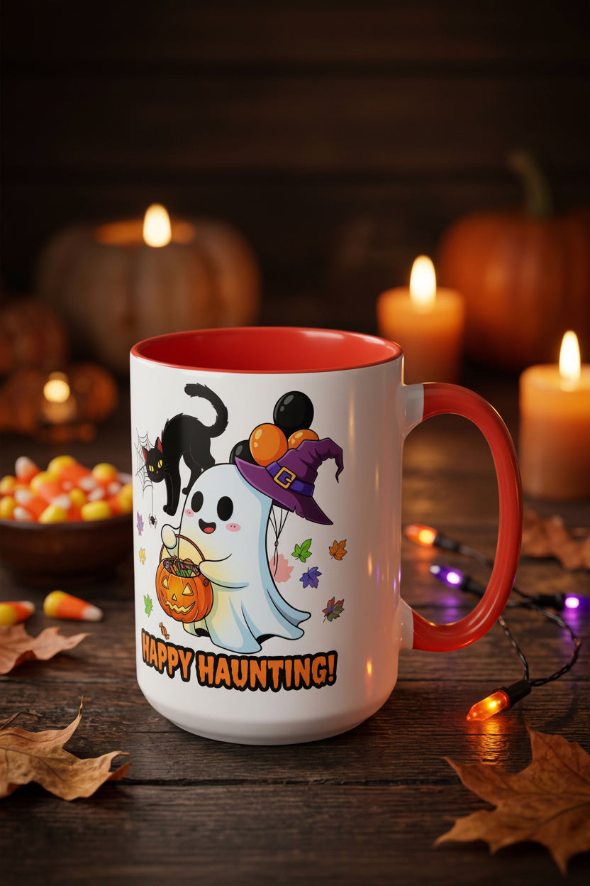 A white ceramic mug with a red handle and interior, decorated with a cute Halloween graphic of a ghost in a witch hat, a black cat, and the words 'HAPPY HAUNTING!'. The mug is set on a rustic wooden table surrounded by autumn leaves, candy corn, and glowing candles in the background.