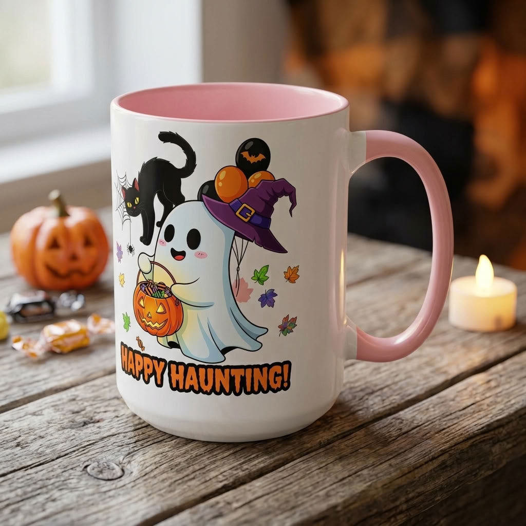 Happy Haunting! Halloween Ghost Coffee Mug | Ghost, Black Cat & Pumpkin Design | 11oz & 15oz