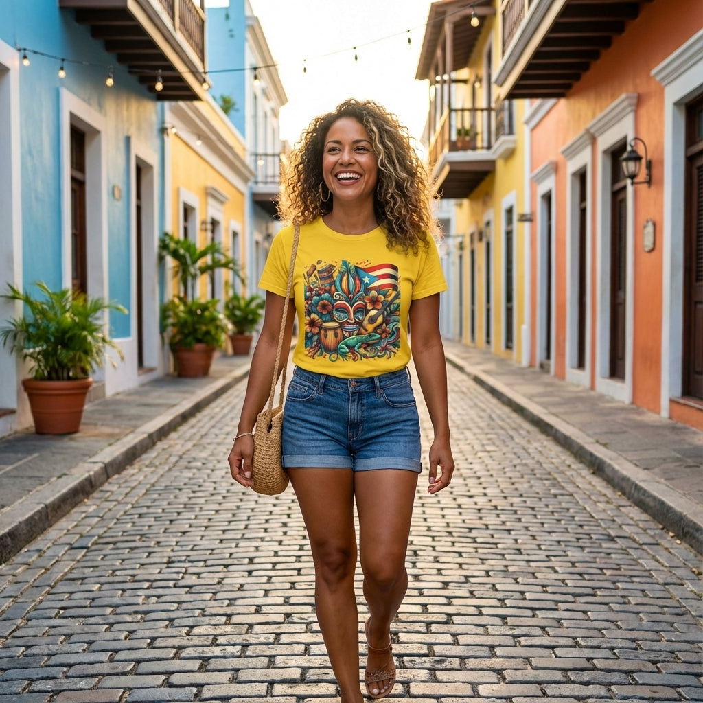 Woman in a yellow t-shirt and denim shorts walking down a colorful street.