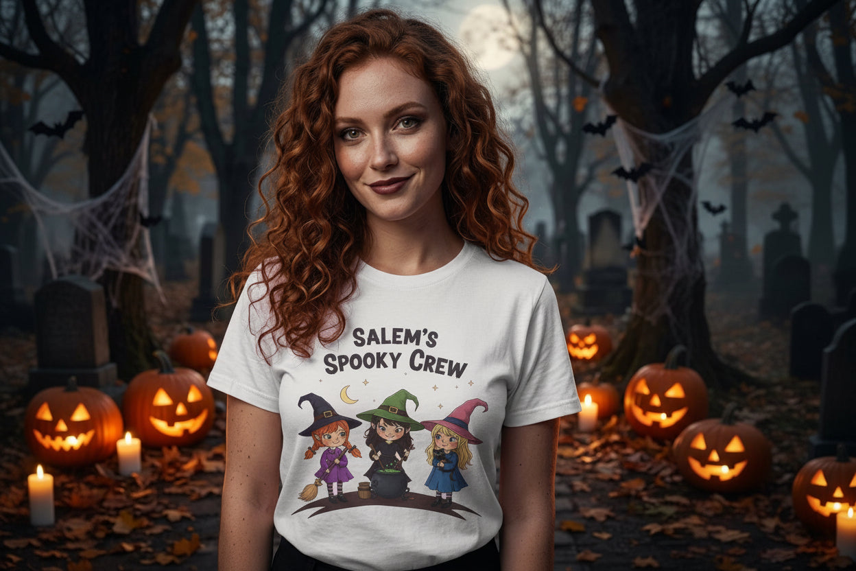 A woman with long curly red hair stands in a spooky Halloween cemetery setting wearing a light pink graphic t-shirt that reads 'SALEM'S SPOOKY CREW' above three cartoon witches.