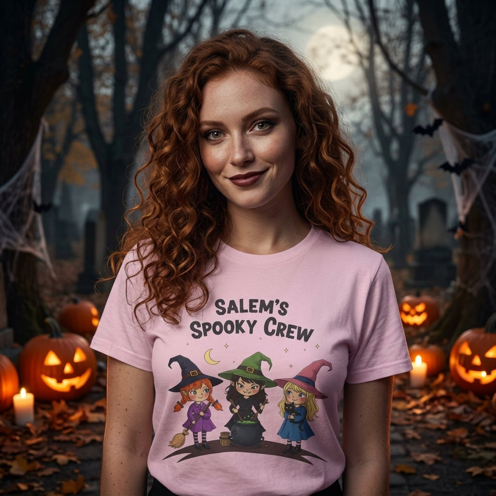 A woman with long curly red hair stands in a spooky Halloween cemetery setting wearing a light pink graphic t-shirt that reads 'SALEM'S SPOOKY CREW' above three cartoon witches.