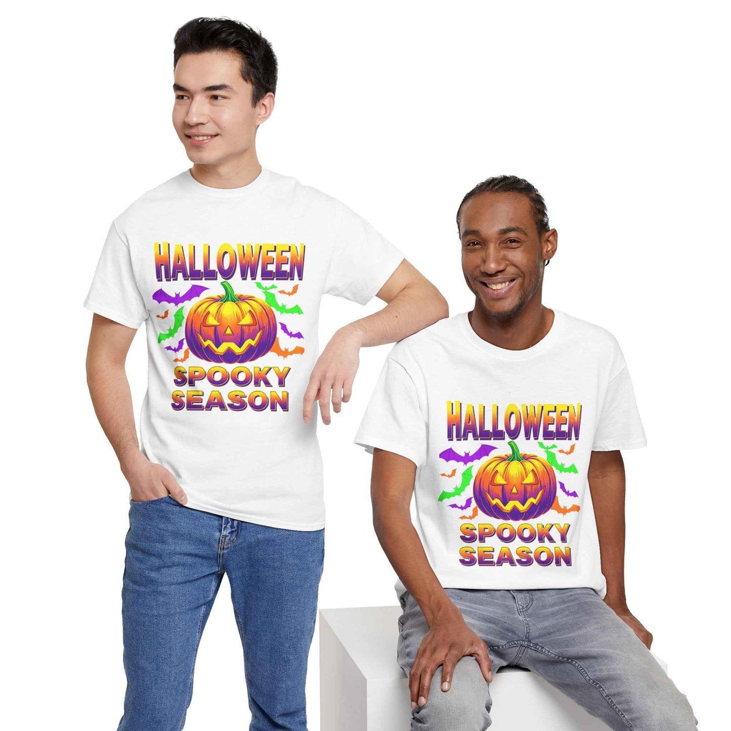 Retro Halloween T-Shirt - Neon Pumpkin & Bats 'Spooky Season' Tee - 80s/90s Style