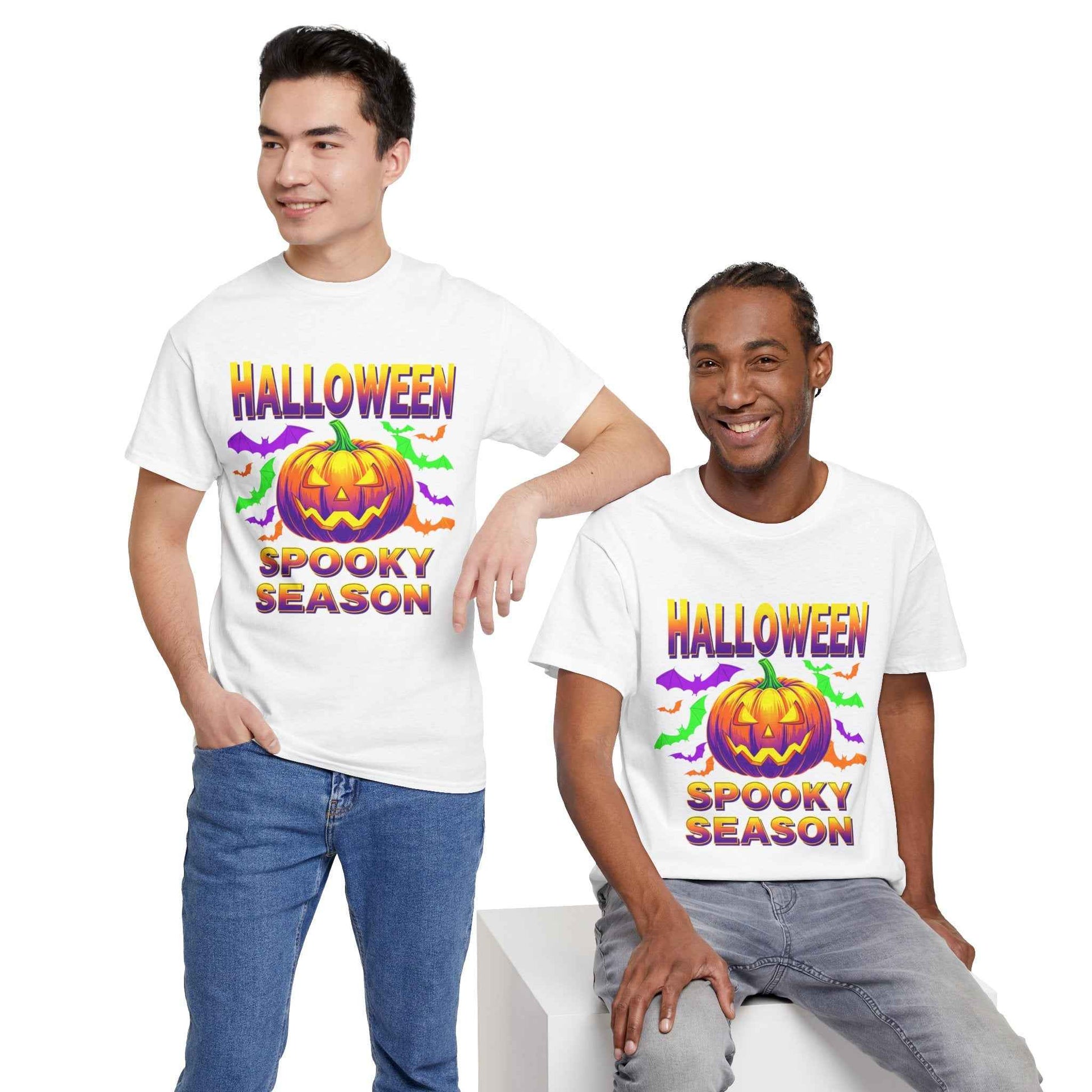 Retro Halloween T-Shirt - Neon Pumpkin & Bats 'Spooky Season' Tee - 80s/90s Style