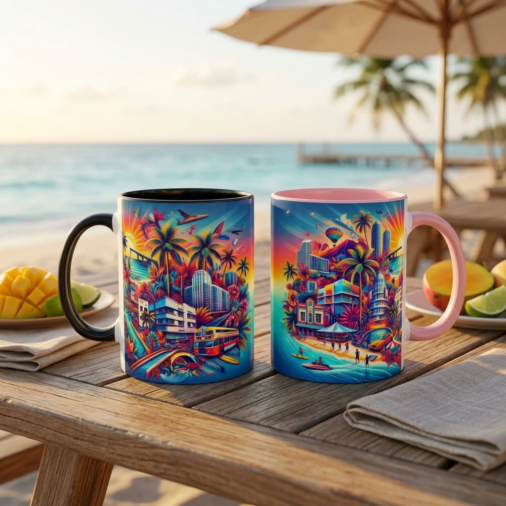 Two colorful mugs with tropical beach illustrations sit on a wooden table at a beachside picnic setup, with an ocean background and umbrellas visible.