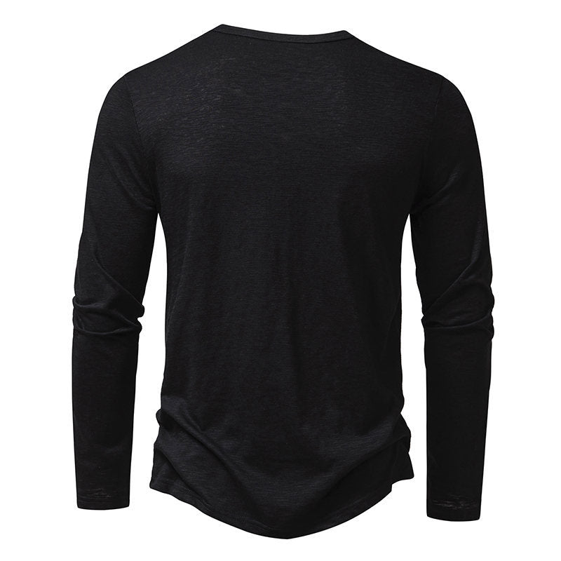 Men's Long Sleeve T-Shirt - Casual Solid Color Pullover with Button Detail