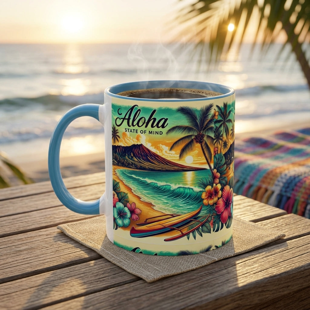 A white ceramic coffee mug with a blue handle sits on a wooden table outdoors at sunset, printed with a colorful tropical beach scene and the words 'Aloha State of Mind.'.