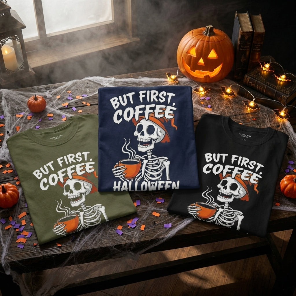 Three folded graphic T-shirts displayed on a rustic table with Halloween decor, including a jack-o'-lantern, string lights, cobwebs, and confetti. The shirts are olive green, navy blue, and black, each featuring a skeleton holding an orange coffee cup with the text 'BUT FIRST, COFFEE HALLOWEEN'.