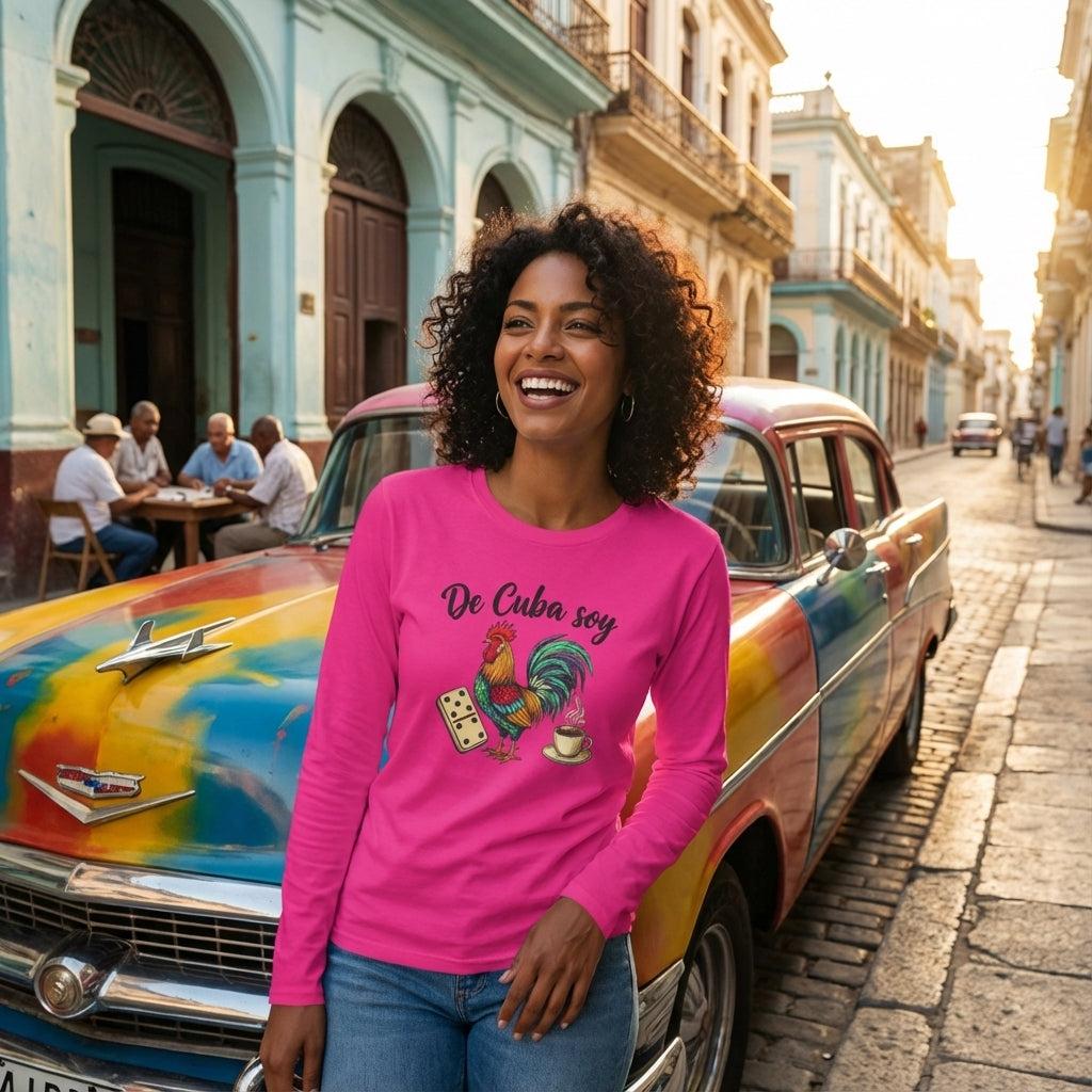 De Cuba Soy Long Sleeve Tee - Cuban Cultural Long Sleeve Tee with Rooster, Domino, and Coffee Design