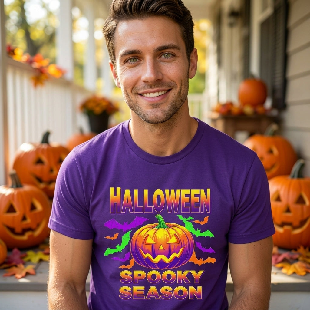 Retro Halloween T-Shirt | Neon Pumpkin & Bats 'Spooky Season' Tee | 80s/90s Style