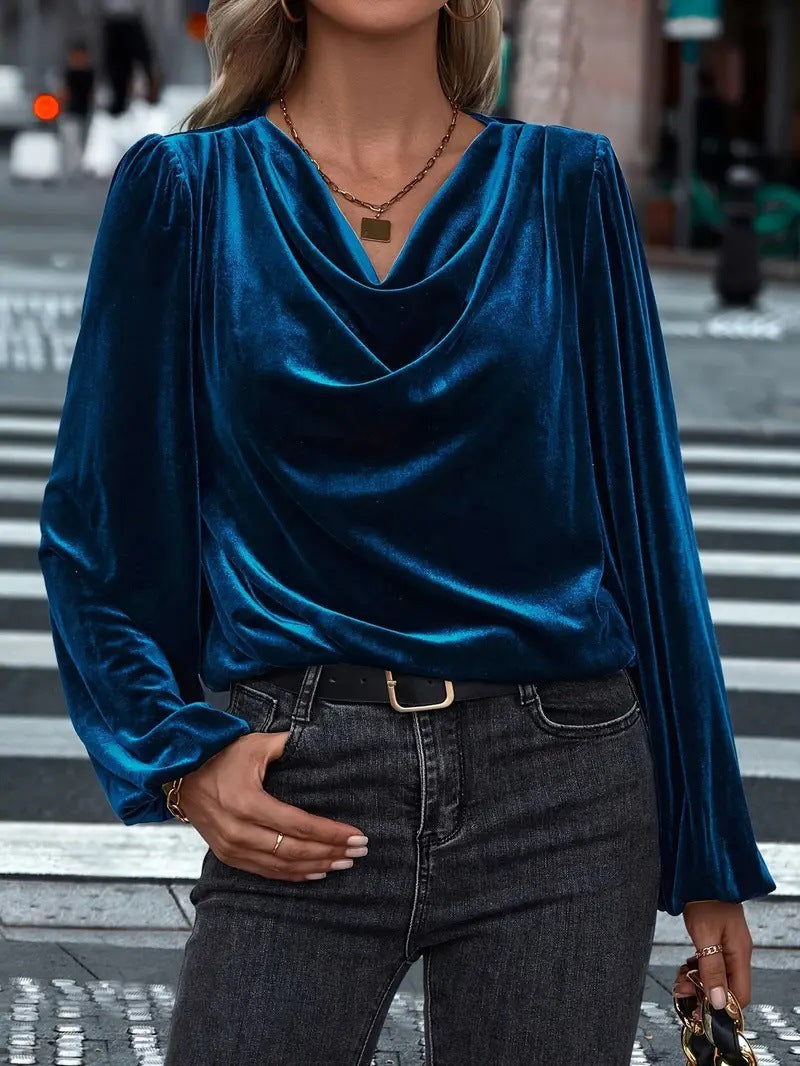 Women's Pile Collar Pullover Top - Loose Fit Long Sleeve Solid Color Shirt